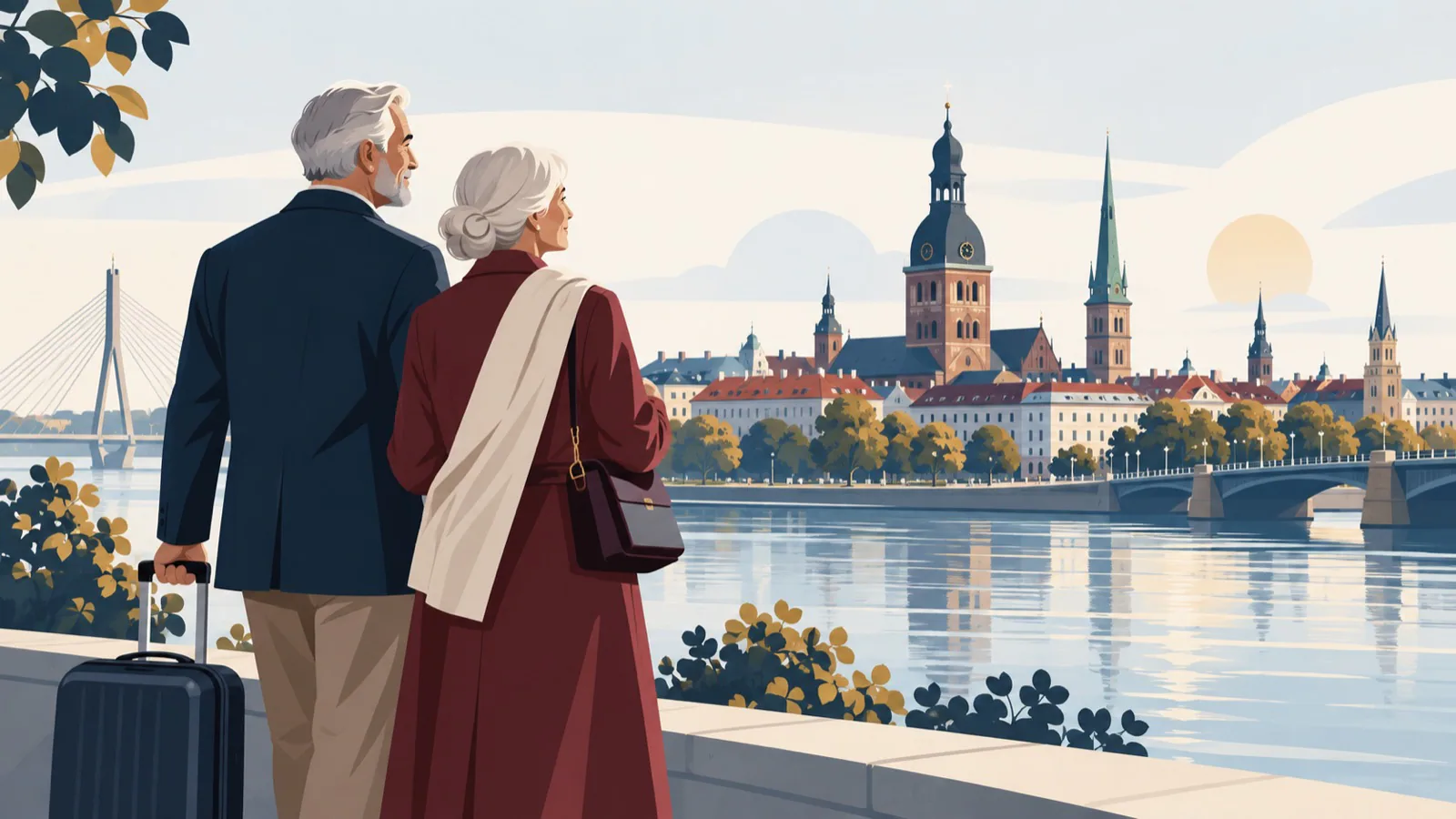 Senioru pāris ar ceļasomu uz Rīgas panorāmas fona