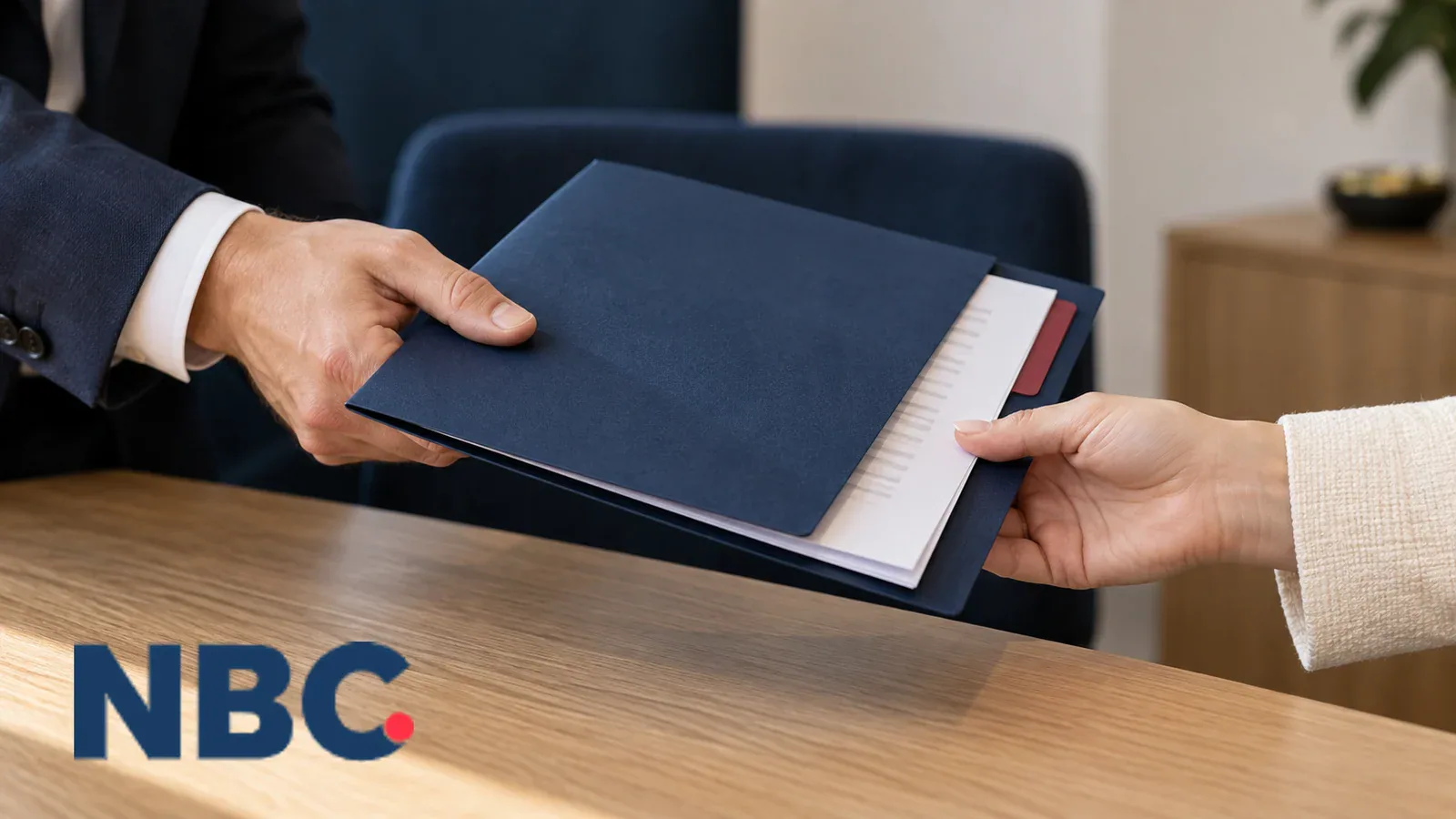 A folder of company registration documents being handed over, with the NBC logo in the bottom left corner.