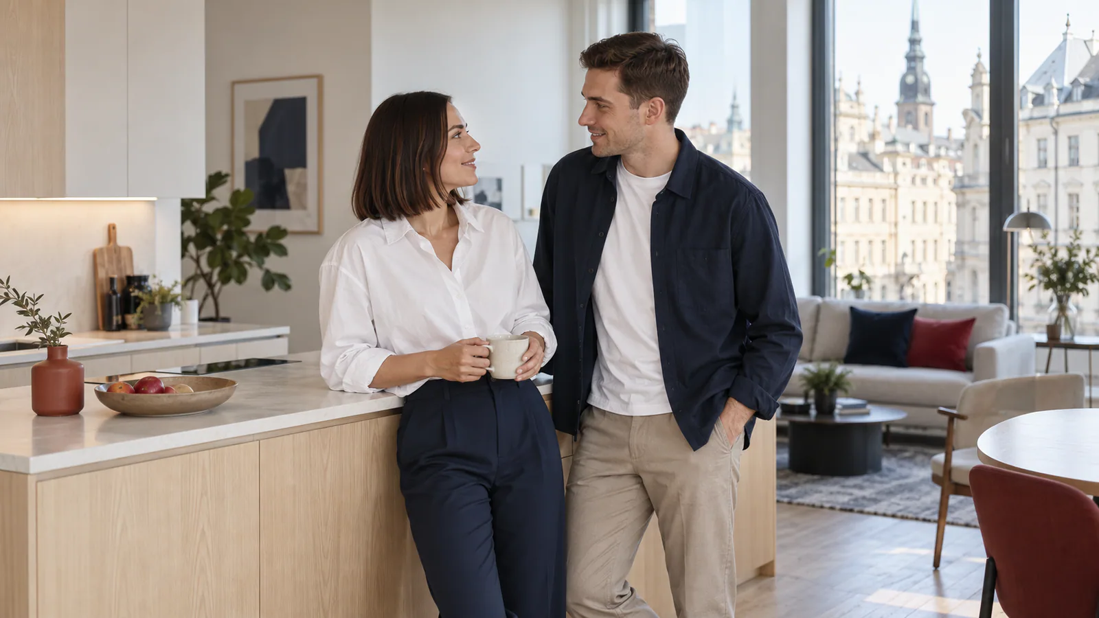 A married couple in a modern apartment overlooking Riga: an illustration for an article on spouse residence permits in Latvia.