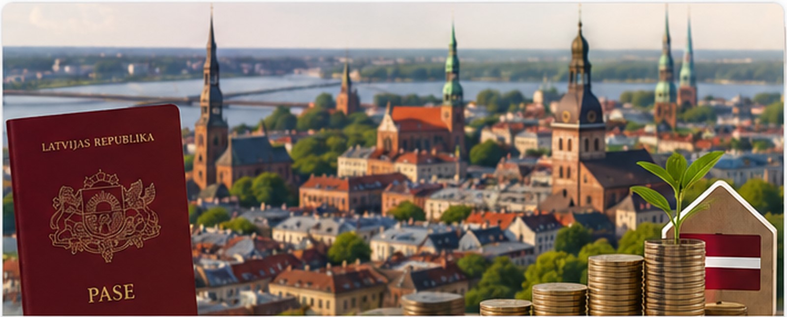Rīgas panorāma, Latvijas pase un monētas investīciju ilustrācijā
